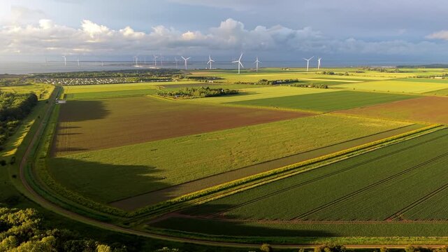 Aerial wide angle panoramic view of vast green agricultural patchwork fields and a large wind turbine farm on the coastal horizon under a dramatic summer sky