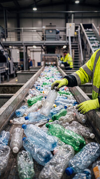 Gloved worker hands sorting plastic bottles on conveyor belt in recycling facility, vertical story layout