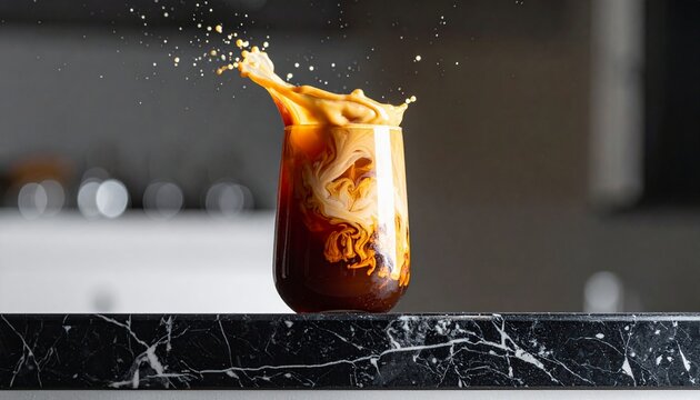 Coffee Splash in a Glass on Marble Countertop