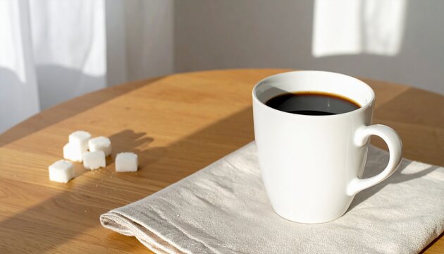 Coffee Cup and Sugar Cubes on a Wooden Table in Sunlight