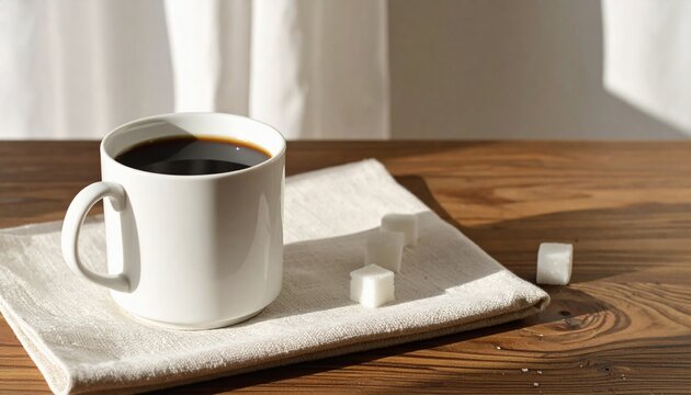 Coffee with Sugar Cubes on a Wooden Tabletop for Morning