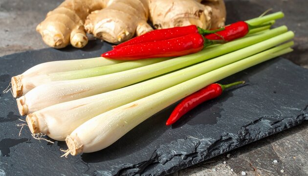 Ginger Lemongrass and Red Chili on a Slate Board