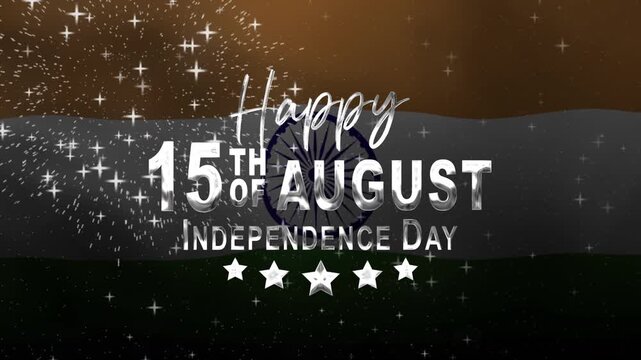 Happy india independence day text animation with waving flag and fireworks, perfect for celebrating independence day on august 15th in india. Ideal for patriotic designs.