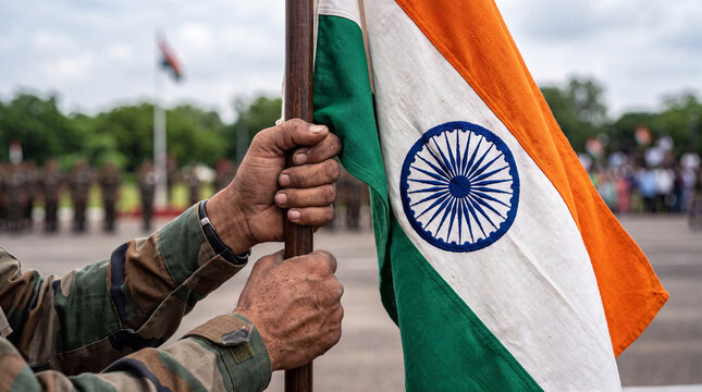 military soldier, Indian tricolor, flag background, defense concept, patriotism, bravery, loyalty, national pride, army, India, armed forces, soldier, uniform, attention