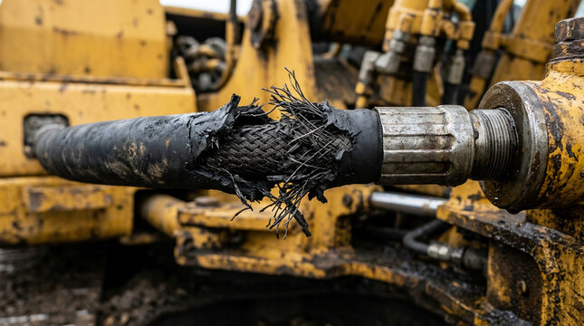 Burst hydraulic hose exposing ruptured wire braid on machinery