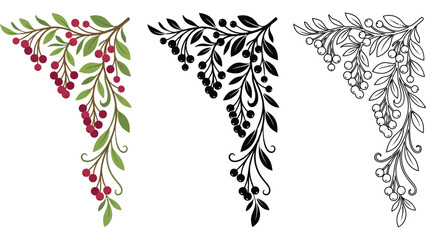Autumn berry branch corner frame. Decorative floral border with leaves and red berries. © @ahmedmaynul