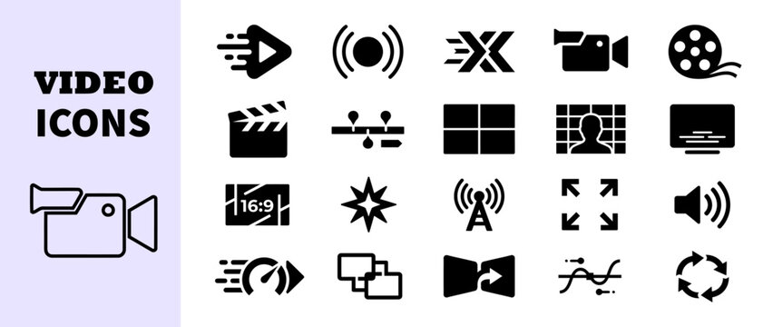 Video production icons set broadcasting editing and playback symbols
