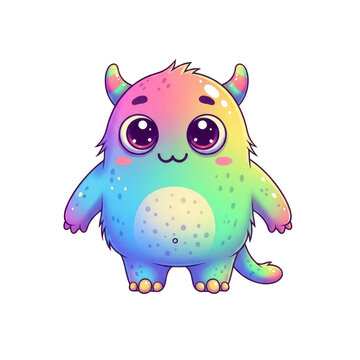 Cute rainbow monster with big eyes and small horns, cartoon style illustration on transparent background.