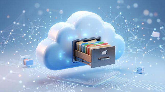 A 3D digital illustration of a fluffy cloud featuring an open drawer filled with organized folders and document files, set against a futuristic blue background symbolizing cloud storage data manager.