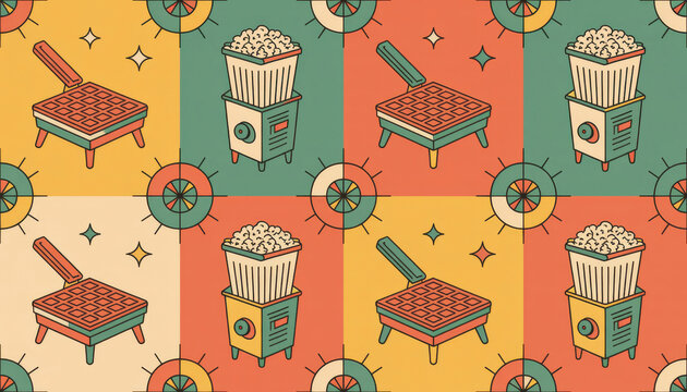 Retro themed repeating symbols of waffle irons and popcorn makers in coordinated vintage palettes with fun midcentury patterns