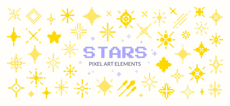 Collection of yellow 16-bit Pixel Art elements. Stars, sparkles, dusts, comets, and glitter. Isolated sprites for UI, effects, collectibles, or retro space games, vintage designs. Vector clip art set.