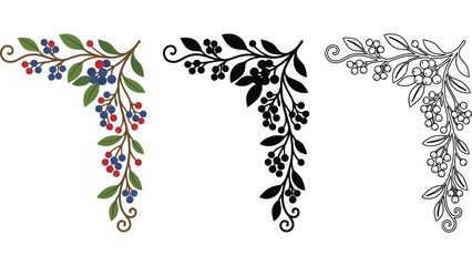Autumn berry corner frame set. Decorative floral border with leaves and seasonal fruits. © Mahraz