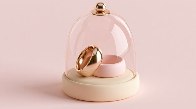 Wedding rings sit beautifully under a glass dome showcasing the bond of marriage with a soft clay background that adds elegance.