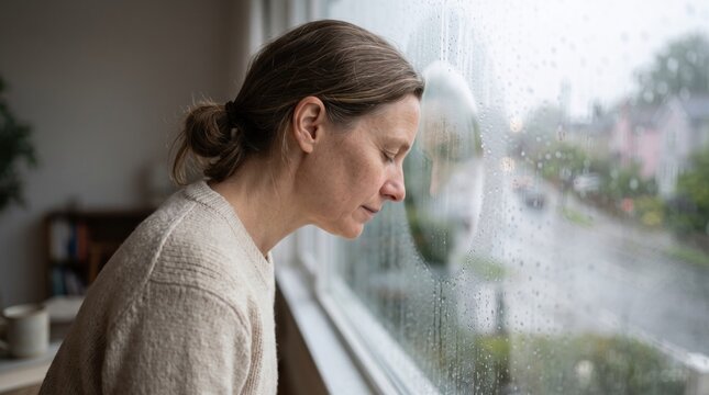 In a cozy interior, a woman leans against the glass, deep in thought as raindrops dance on the window. The soft light enhances her serene expression, creating a tranquil atmosphere.