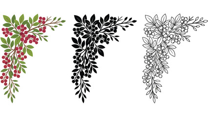 Autumn berry corner frame. Seasonal botanical foliage border with red berries. © @ahmedmaynul