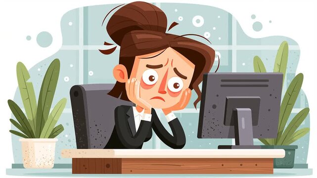 Businesswoman cartoon stressed sad in the office at her desk, computer flat design animation