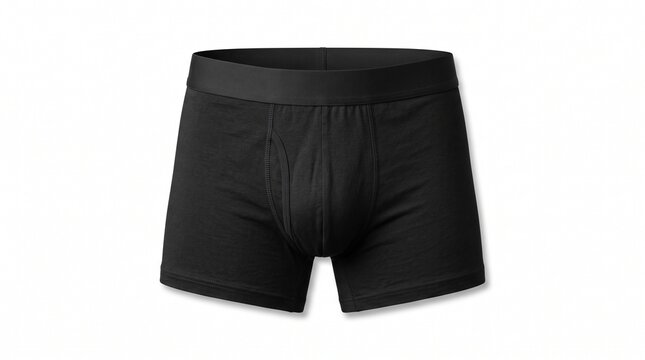 Simple black cotton boxer briefs for men isolated on a clean white background with soft shadows for commercial fashion photography