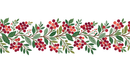 Autumn berry seamless border. Fall foliage garland with red berries and green leaves. © Mahraz