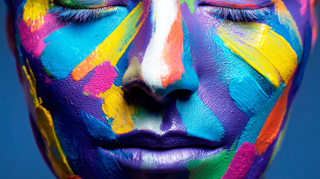 A close-up of a portrait of a man whose face is covered in thick, colorful strokes of oil paint.