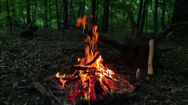 Slow motion of burning campfire in dark twilight forest with sharp survival axe stuck in wood log. Close up of glowing hot coals and bright warm orange sparks flying at night.