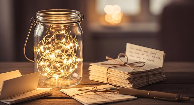 Glowing Jar of String Lights with Notes Representing Captured Memories and Nostalgia