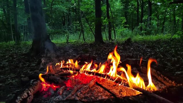Intense bright campfire burning in slow motion close up. Cinematic orange and yellow flames dancing in dark evening forest, glowing hot embers and sparks rising in wilderness.