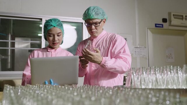 Two Asian quality control inspectors in uniform standing, using a laptop computer to analyze and inspect empty glass beverage bottles on moving conveyor belt in production line at industrial factory. 