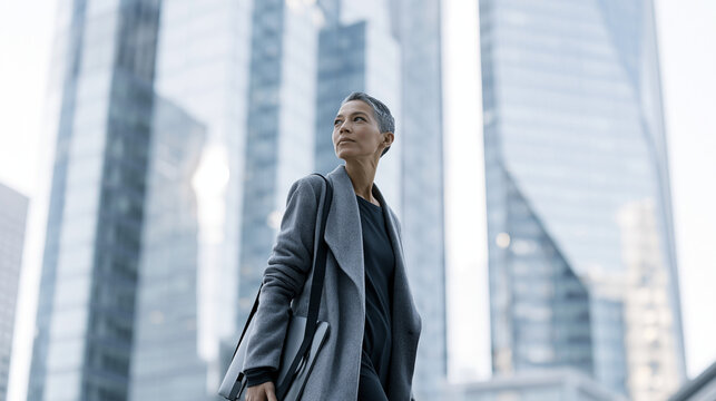 Confident businesswoman standing tall among modern skyscrapers.
