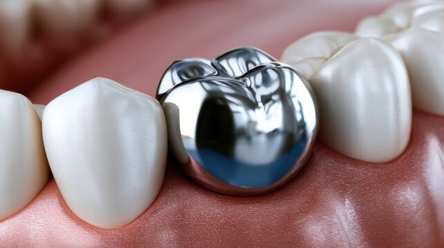 Realistic illustration of healthy teeth with a shiny metallic dental crown restoration embedded in the back molar against natural gums and oral cavity backgroun