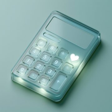 A glass calculator displays a heart key glow on a mint gradient surface in a fintech environment highlighting user-friendly design.