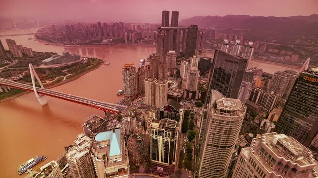Chongqing cyberpunk city skyline with river