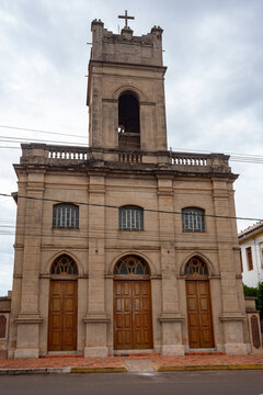 Matriz Paroquia Nossa Senhora do Carmo Facade With Bell Tower and Wooden Doors Landmark Architecture. Miranda, Brazil.