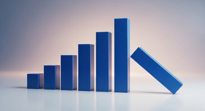 Blue bar graph showing increasing growth with one falling column on a neutral light background