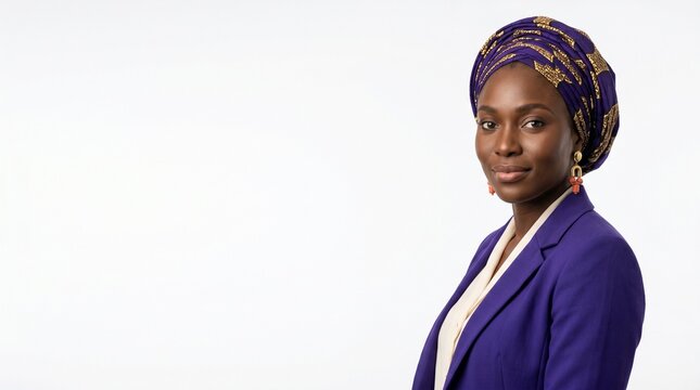 Confident Nigerian Businesswoman in Royal Purple Blazer and Gold Ankara Gele Headwrap Three Quarter Angle Warm Smile on White Background &mdash; Corporate Diversity Executive Portrait With Copy Space