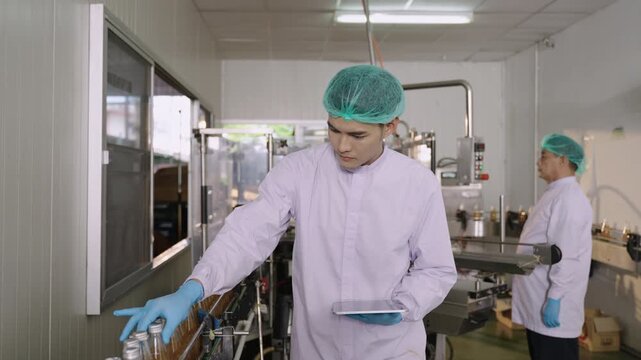 Asian quality control inspector in a uniform food and drink factory holding a tablet inspecting fruit juice bottles while moving on conveyor belt in beverage production line at manufacturing industry.