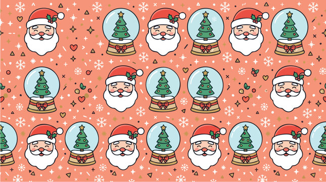 Seamless pattern of festive Santa Claus faces and winter snow globes for holidays