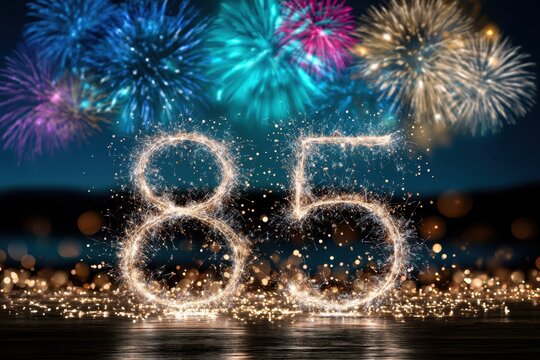 Sparkling number eighty five formed by glowing sparklers with colorful fireworks exploding in the dark night sky celebration background