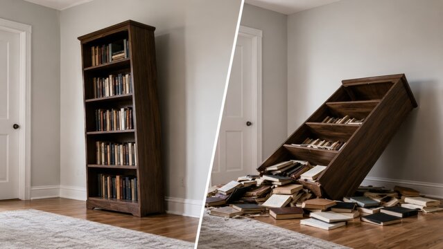 Unsecured furniture leading to tipped over bookcase at home
