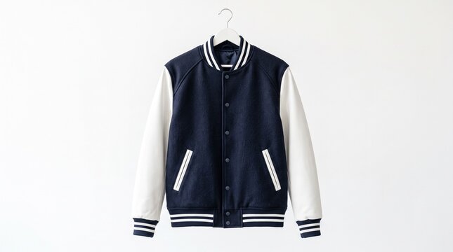 Classic navy blue and white varsity jacket hanging on a white hanger against a clean and bright minimalist studio background