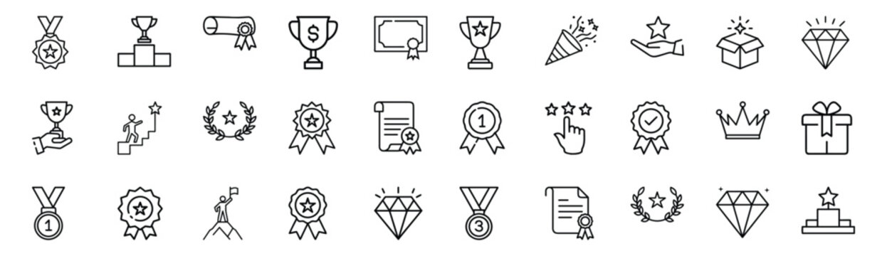 Reward line icons set with victory award trophy, champion success badge, winner medal achievement & more vector illustration with editable stroke.
