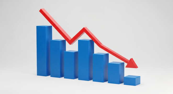 Blue bar chart graph with a red arrow pointing downward indicating financial loss and decline