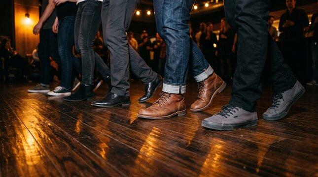 Synchronized footwork on a glowing dance floor at night
