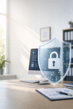 Modern office with digital security shield concept