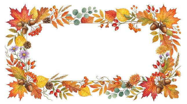 Watercolor autumn frame with fall leaves, acorns, berries, and flowers isolated on transparent background