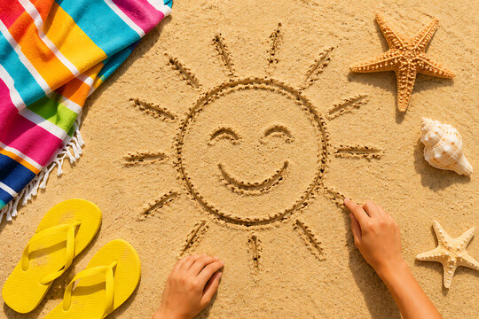 Summer beach smiling sun happy smiley face drawing drawn in sand with accessories holiday vacation photo