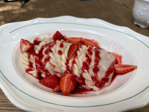 Traditional Sweet Dumplings with Fresh Strawberries and Strawberry Sauce