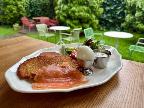 Crispy Potato Pancakes with Smoked Salmon Soft Boiled Egg and Fresh Salad