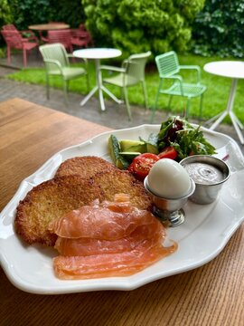 Crispy Potato Pancakes with Smoked Salmon Soft Boiled Egg and Fresh Salad