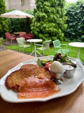 Crispy Potato Pancakes with Smoked Salmon Soft Boiled Egg and Fresh Salad