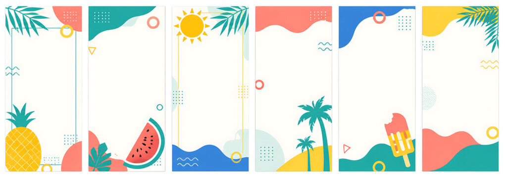Summer social media stories templates, tropical vacation vertical banners with pineapple and palm leaves, colorful seasonal marketing layouts isolated on White Background ai